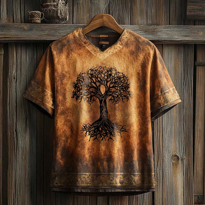 WorldNorse – T-Shirt aus Leinen mit V-Ausschnitt und Keltischer Knoten und Lebensbaum-Print - Orange & Braun - US/UK/AU50, EU60 (5XL) - image 4