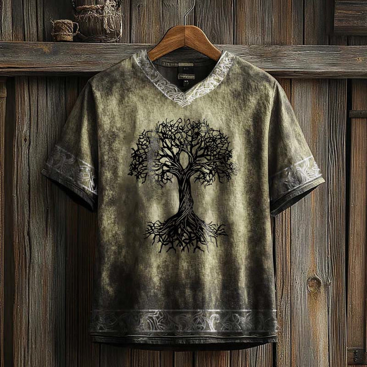 WorldNorse – T-Shirt aus Leinen mit V-Ausschnitt und Keltischer Knoten und Lebensbaum-Print - Khaki - US/UK/AU50, EU60 (5XL) - image 2