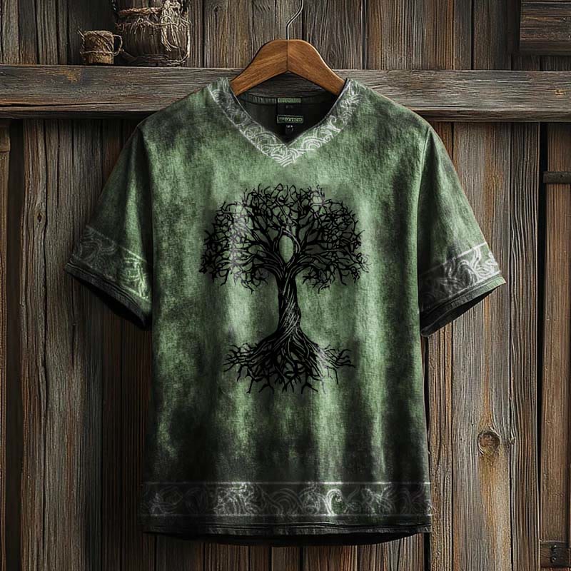 WorldNorse – T-Shirt aus Leinen mit V-Ausschnitt und Keltischer Knoten und Lebensbaum-Print - Grün - US/UK/AU50, EU60 (5XL) - image 3