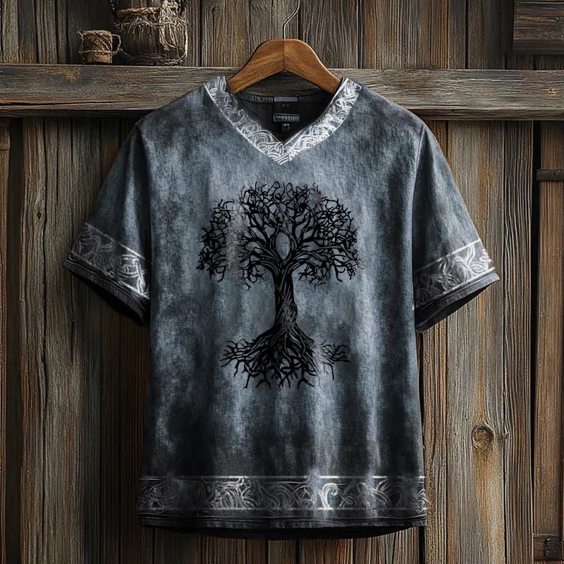 WorldNorse – T-Shirt aus Leinen mit V-Ausschnitt und Keltischer Knoten und Lebensbaum-Print - Blau - US/UK/AU50, EU60 (5XL) - image 1