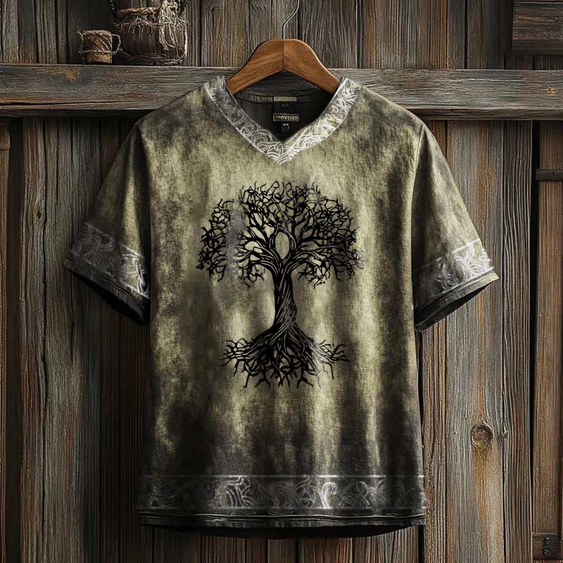 WorldNorse – T-Shirt aus Leinen mit V-Ausschnitt und Keltischer Knoten und Lebensbaum-Print - Khaki - US/UK/AU50, EU60 (5XL) - image 2