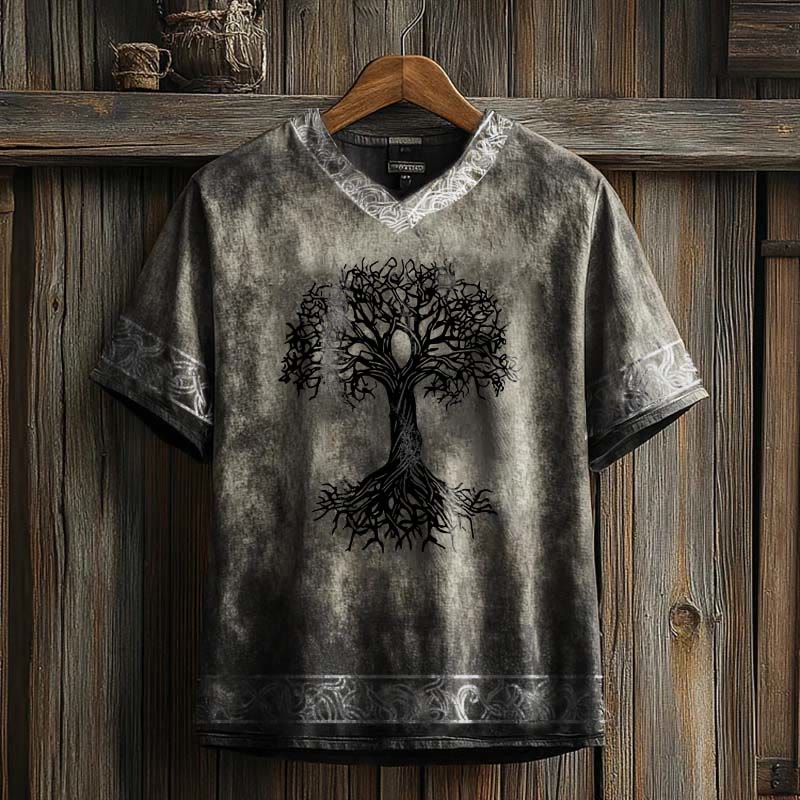 WorldNorse – T-Shirt aus Leinen mit V-Ausschnitt und Keltischer Knoten und Lebensbaum-Print - Grau - US/UK/AU50, EU60 (5XL) - image 0