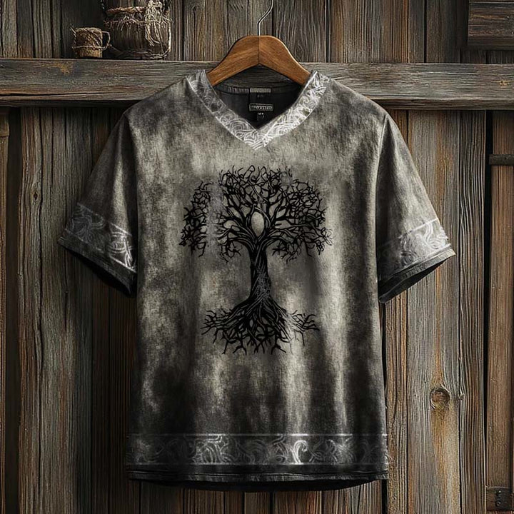 WorldNorse – T-Shirt aus Leinen mit V-Ausschnitt und Keltischer Knoten und Lebensbaum-Print - Grau - US/UK/AU50, EU60 (5XL) - image 0