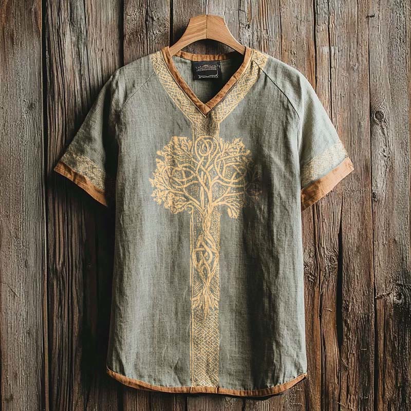 WorldNorse Viking Vintage Gold Tree Of Life Leinen V-Ausschnitt T-Shirt - US/UK/AU50, EU60 (5XL) - image 0