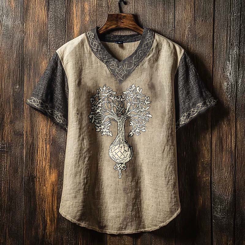 WorldNorse Herren-T-Shirt mit Yggdrasil -Totem und V-Ausschnitt aus Leinen - US/UK/AU50, EU60 (5XL) - image 0