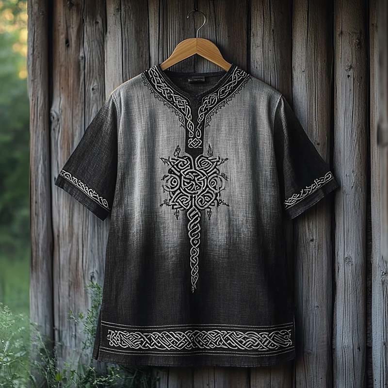 WorldNorse T-Shirt aus Leinen mit V-Ausschnitt und Keltischer Knoten Aufdruck - Grau & Schwarz - US/UK/AU50, EU60 (5XL) - image 1