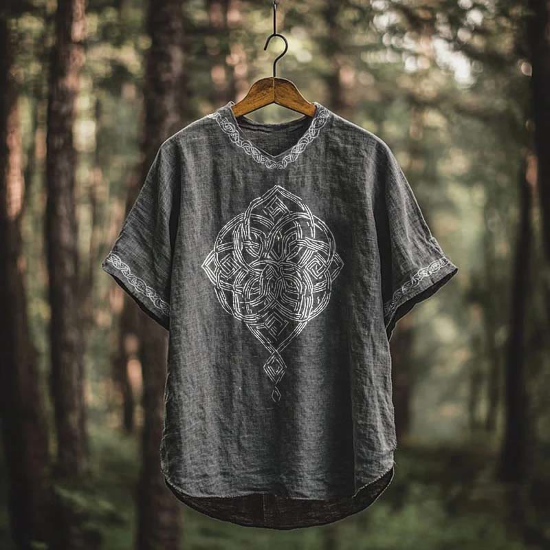 WorldNorse Viking Vintage Keltischer Knoten Leinen V-Ausschnitt T-Shirt - US/UK/AU50, EU60 (5XL) - image 0