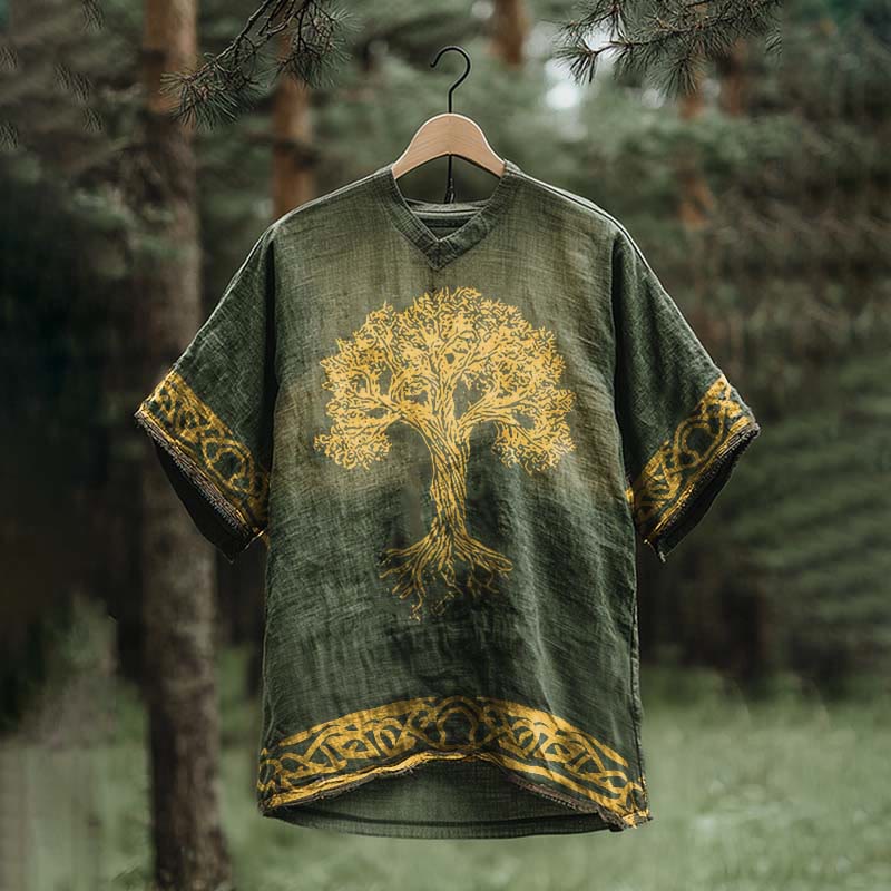 WorldNorse Herren-T-Shirt mit V-Ausschnitt, Leinen, Wikinger Yggdrasil , Keltischer Knoten - US/UK/AU50, EU60 (5XL) - image 0