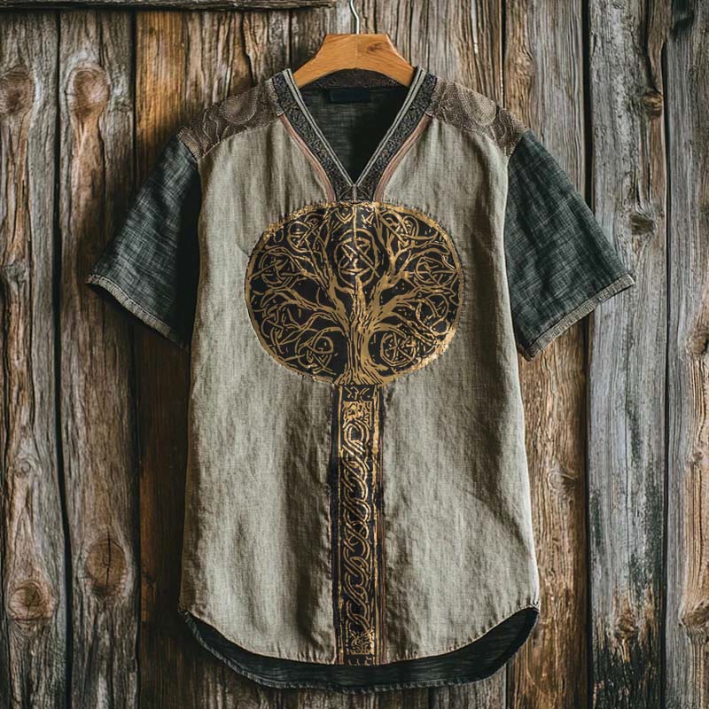 WorldNorse – T-Shirt aus Leinen mit V-Ausschnitt und üppigem Baum des Lebens in Gold - US/UK/AU50, EU60 (5XL) - image 0