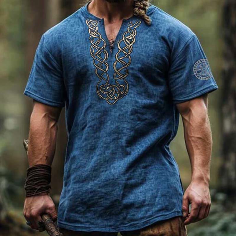 WorldNorse Viking Vintage Vegvisir Keltischer Knoten Leinenhemd mit V-Ausschnitt - Blau - US/UK/AU50, EU60 (5XL) - image 0