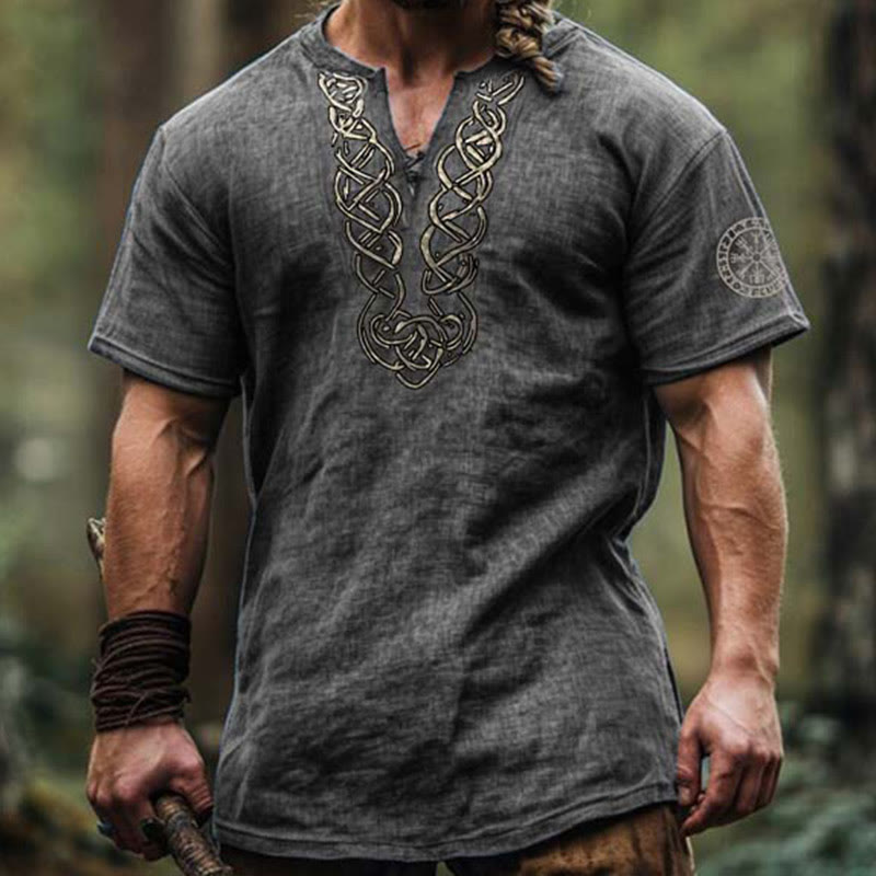 WorldNorse Viking Vintage Vegvisir Keltischer Knoten Leinenhemd mit V-Ausschnitt - Grau - US/UK/AU50, EU60 (5XL) - image 1