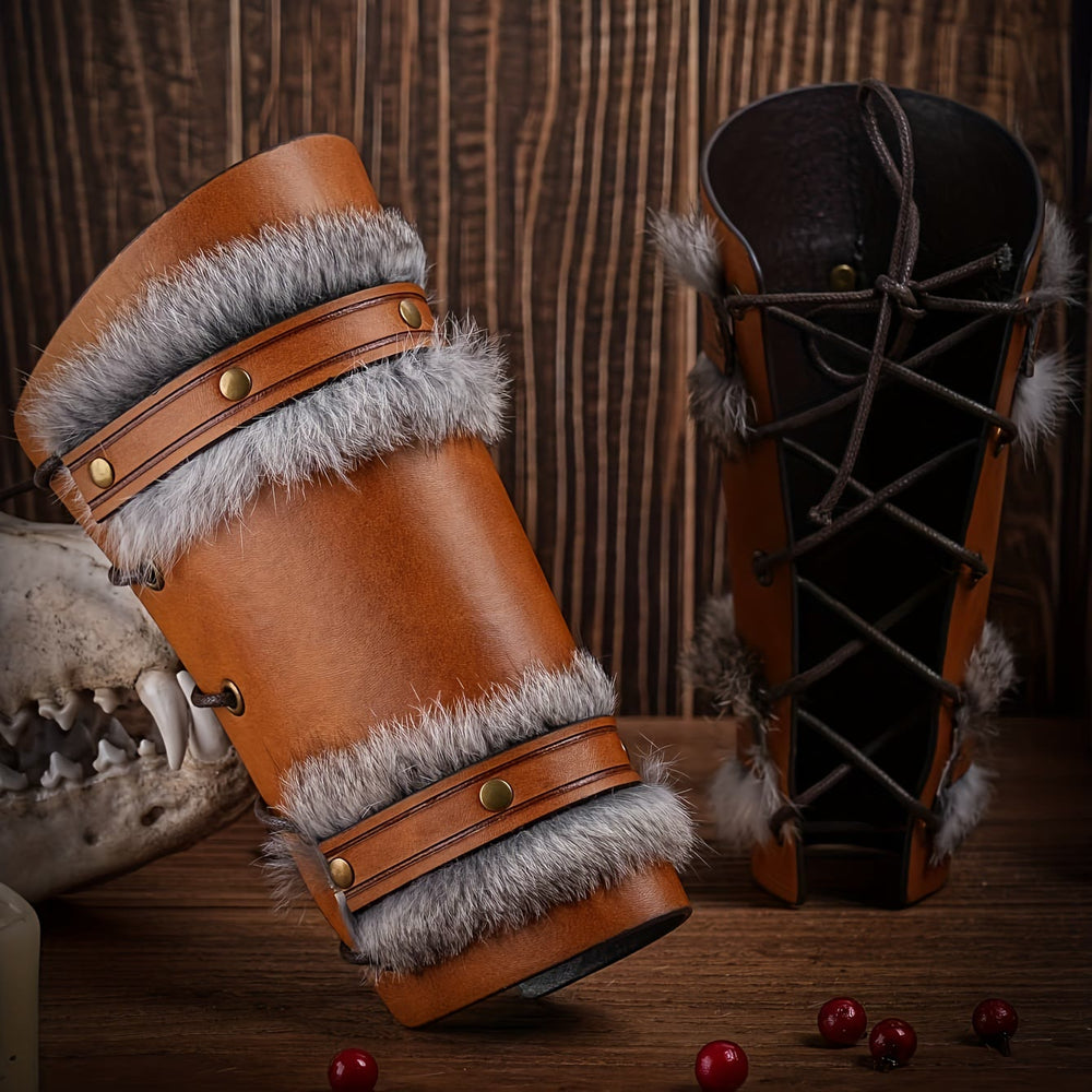 WorldNorse Mittelalterliche Ritter-Armschienen aus Leder mit Pelzbesatz - image 1