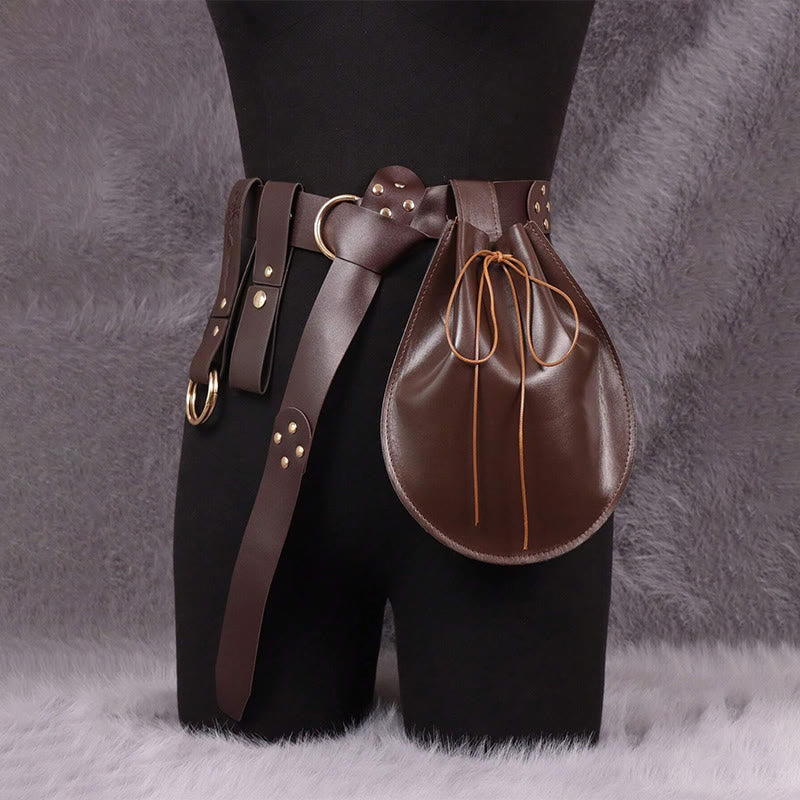 WorldNorse Edgy Double Rings Kordelzugbeutel und Gürtel - Braun - image 0