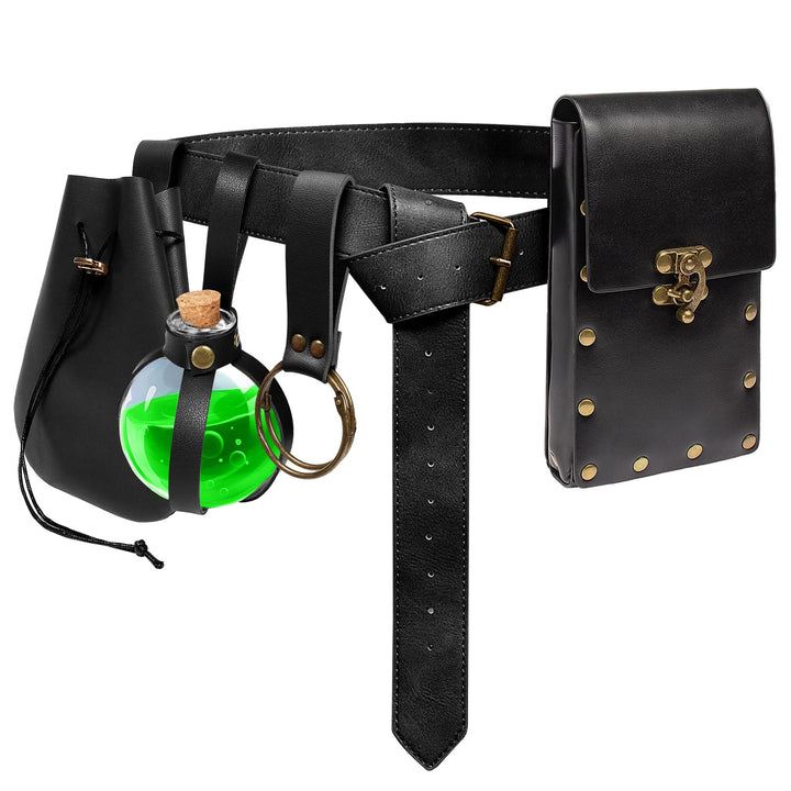 WorldNorse Gothic Zaubertrankflasche Ledertasche und Gürtel mit Nieten - Gürtel + Beutel + Hüfttasche + Zauberflasche + Schlüsselanhänger - Schwarz - image 0