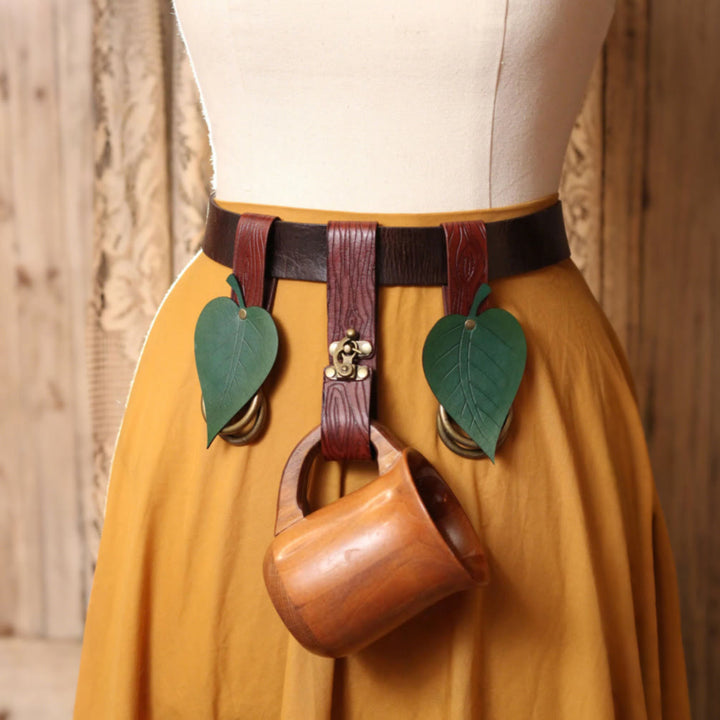WorldNorse Rustikale Ledertasche und Gürtel mit Blattdekor - Gürtel + Schlüsselanhänger + 2 grüne Clips - image 4