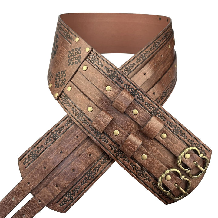 WorldNorse Mittelalterlicher Gürtel mit gravierter Doppelschnalle - Hellbraun - image 6