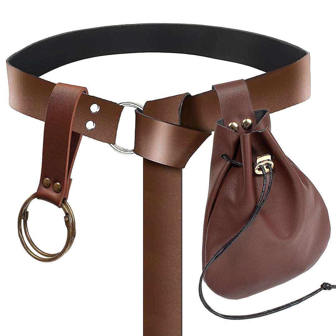 WorldNorse Closure Doppelringschnalle Kordelzugtasche & Gürtel - Gürtel + Tasche + Schlüsselanhänger - Braun - image 5