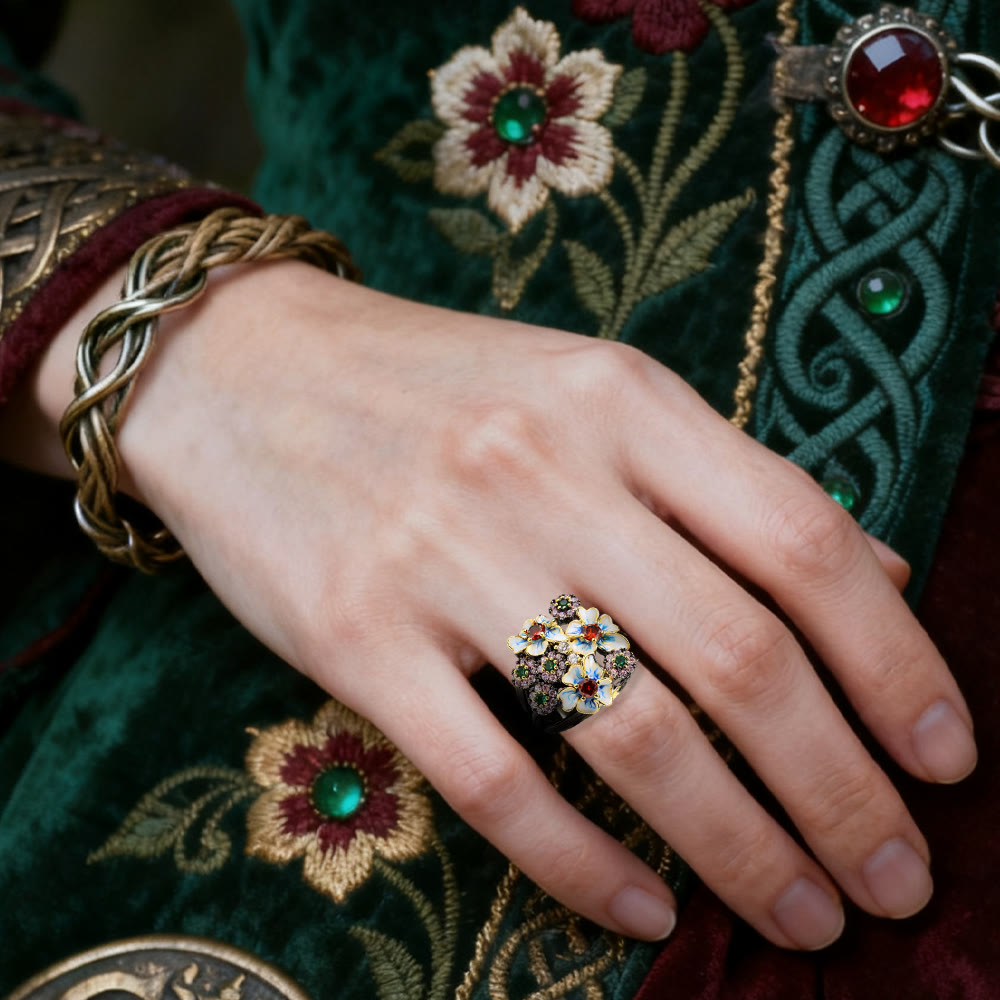 WorldNorse Flower Rubin & Smaragd Schwarzer Ring - image 1