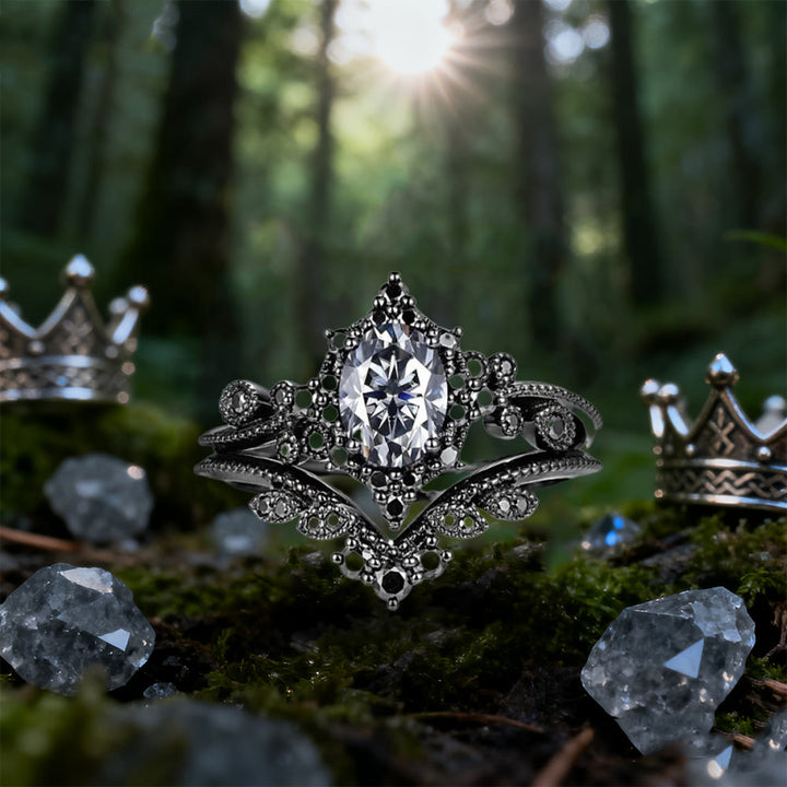 WorldNorse Schwarzes ovales Kronenring-Set - Grauer Moissanit - 65mm - image 5