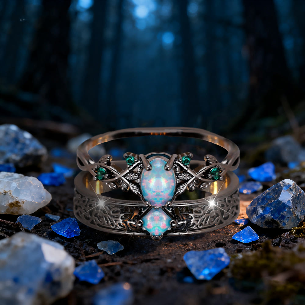 WorldNorse 2-teiliges Ringset mit Blättern aus blauem Sandstein - Opal & Smaragd - 62mm - image 5