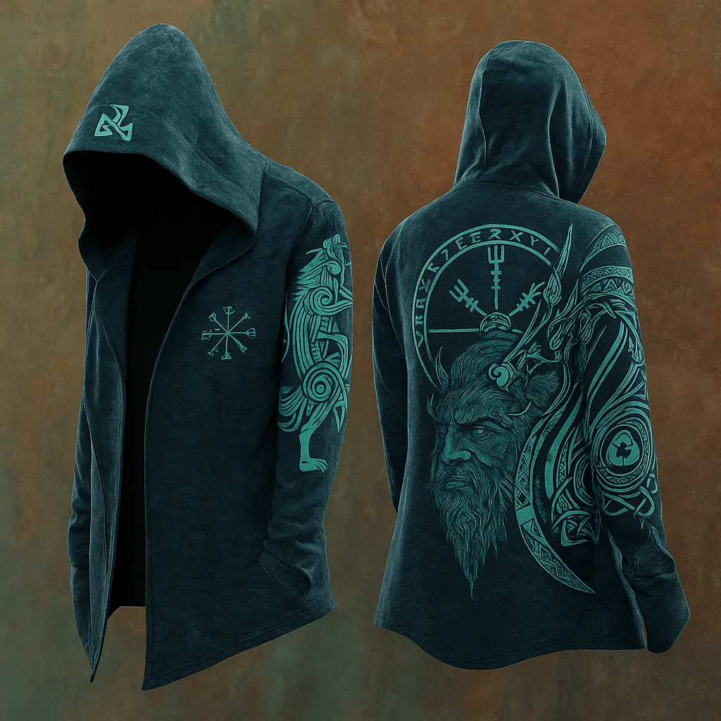 WorldNorse Teal Vegvisir Rune Wolf Symphonic Kapuzenjacke - US/UK/AU48, EU58 (4XL) - image 0