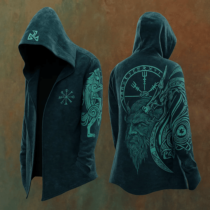 WorldNorse Teal Vegvisir Rune Wolf Symphonic Kapuzenjacke - US/UK/AU48, EU58 (4XL) - image 0