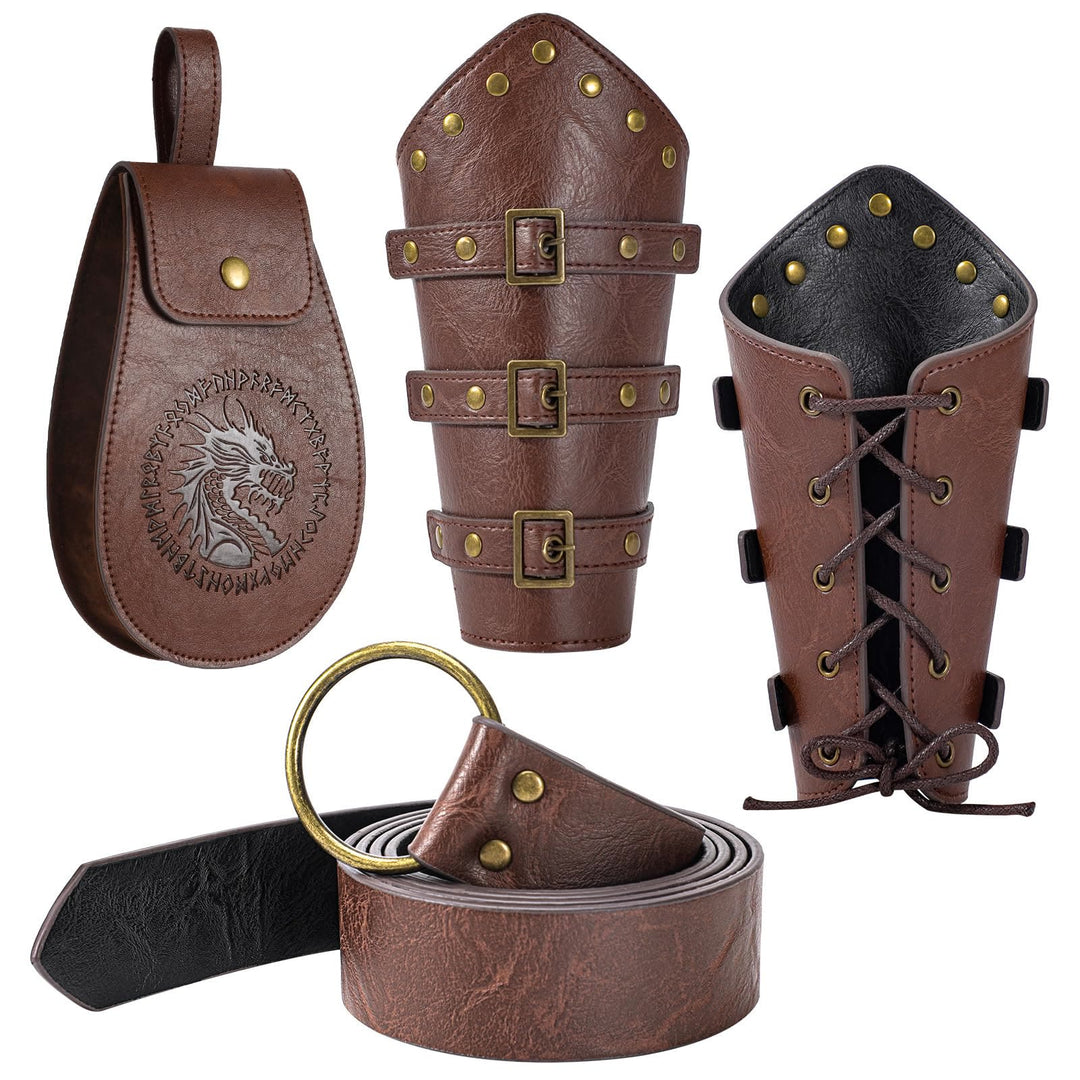 WorldNorse Vintage Drachen geprägt Schnalle Tasche Gürtel Arm Armschienen Schwert Gürtel Scheide Set - Tasche + Gürtel + Armschienen - Braun - image 0