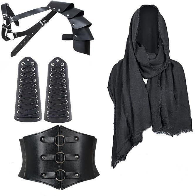 WorldNorse Kapuzenschal Schnallengürtel Armschienen Bund Schulterstück Set - Schwarze Armschienen mit Schnürung＋Schwarzer Hosenbund＋Schwarzer Schal＋Schwarze Schulterplatte - image 2