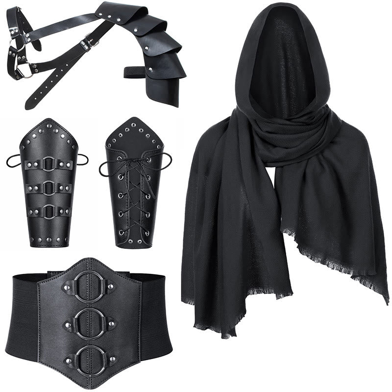 WorldNorse Kapuzenschal Schnallengürtel Armschienen Bund Schulterstück Set - Armschienen mit schwarzer Metallschnalle＋Schwarzer Hosenbund＋Schwarzer Schal＋Schwarze Schulterplatte - image 1