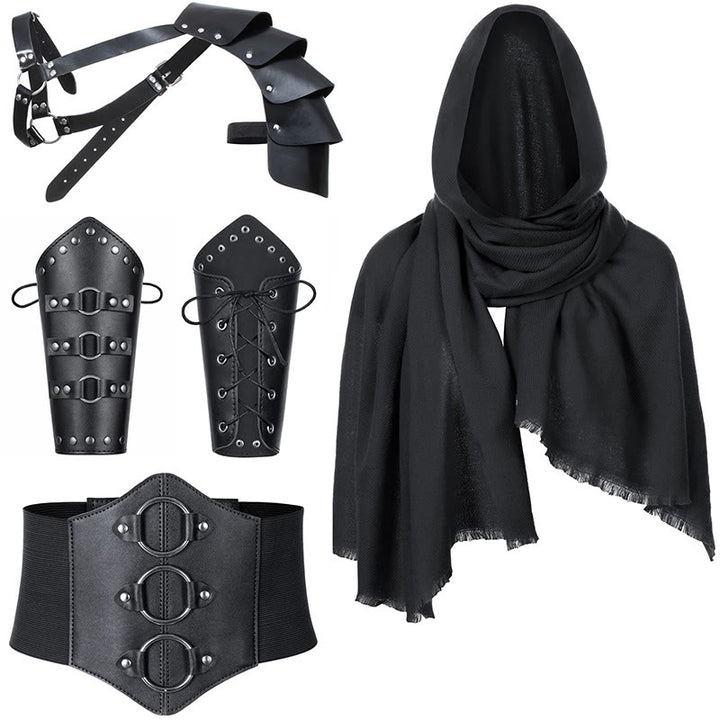 WorldNorse Kapuzenschal Schnallengürtel Armschienen Bund Schulterstück Set - Armschienen mit schwarzer Metallschnalle＋Schwarzer Hosenbund＋Schwarzer Schal＋Schwarze Schulterplatte - image 1