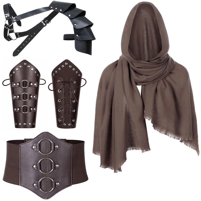 WorldNorse Kapuzenschal Schnallengürtel Armschienen Bund Schulterstück Set - Armschienen mit brauner Metallschnalle＋Brauner Hosenbund＋Brauner Schal＋Schwarze Schulterplatte - image 0