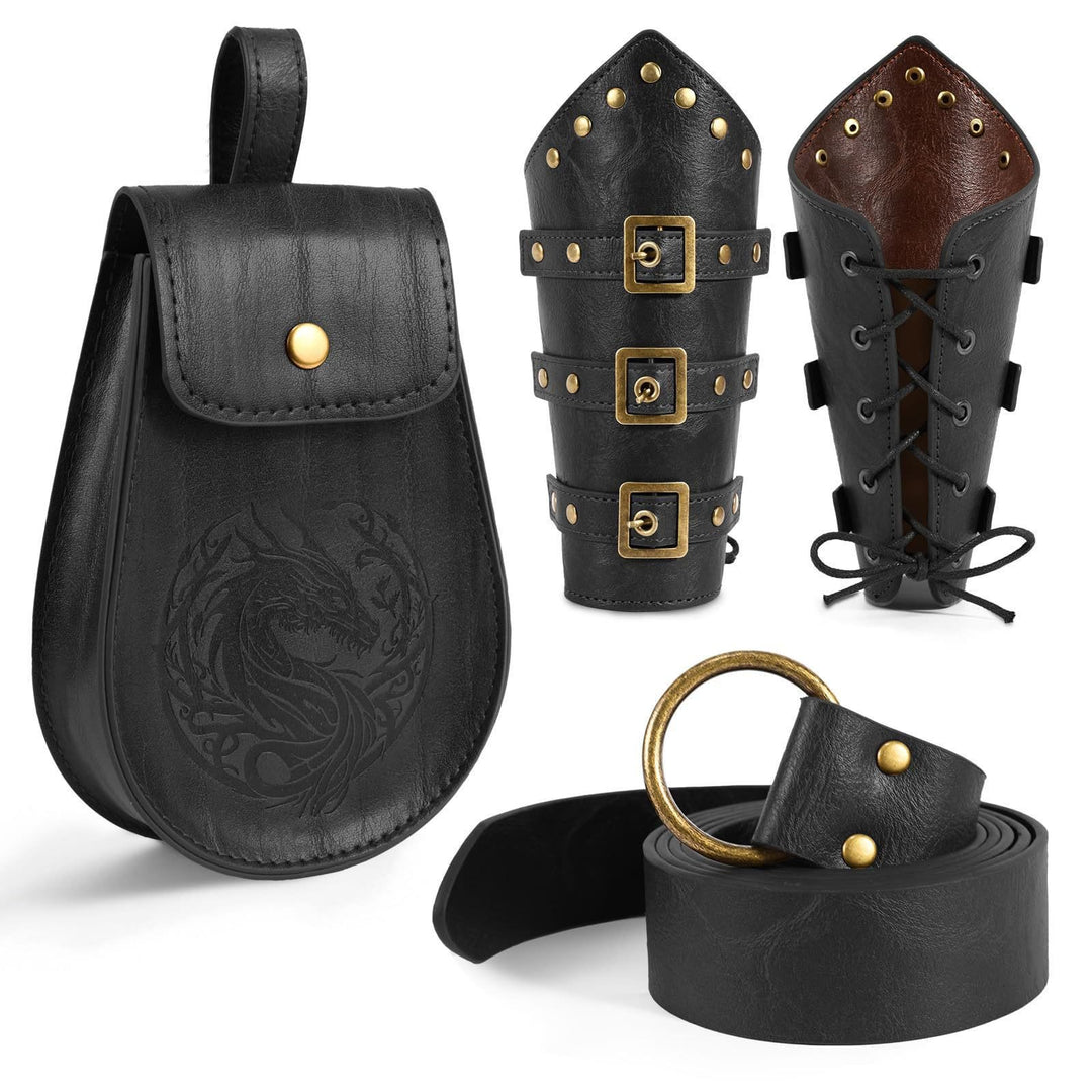 WorldNorse Vintage Drachen geprägt Schnalle Tasche Gürtel Arm Armschienen Schwert Gürtel Scheide Set - Tasche + Gürtel + Armschienen - Schwarz - image 2