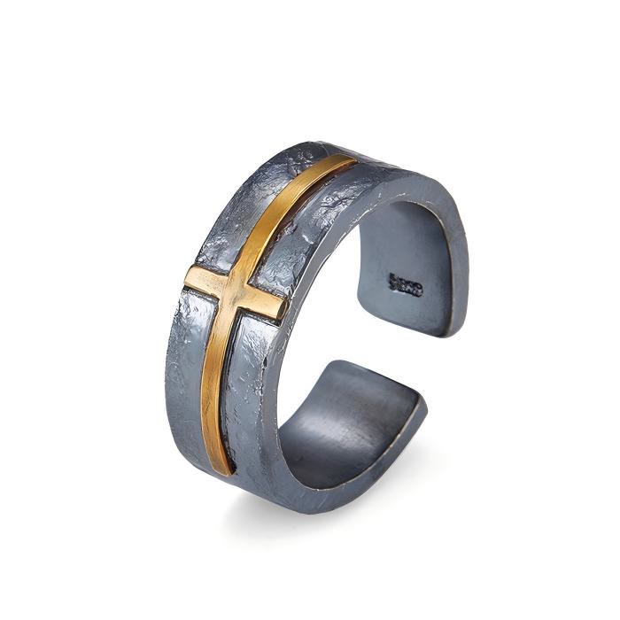 WorldNorse 999 Sterling Silber Dunkel strukturierter geschmiedeter Kreuzring - image 2