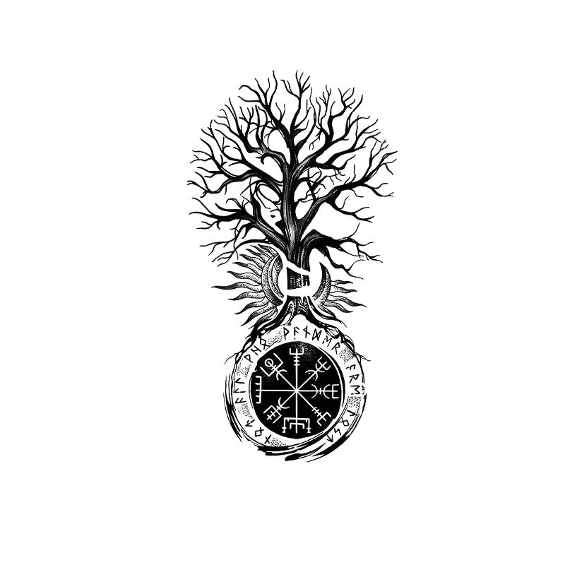 WorldNorse Vegvisir Yggdrasil Säulen-Wasserfeste Tattoo-Aufkleber - Zwei Teile - image 0