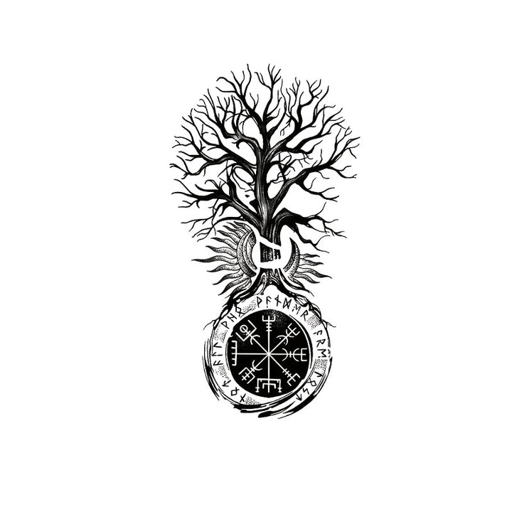 WorldNorse Vegvisir Yggdrasil Säulen-Wasserfeste Tattoo-Aufkleber - Zwei Teile - image 0