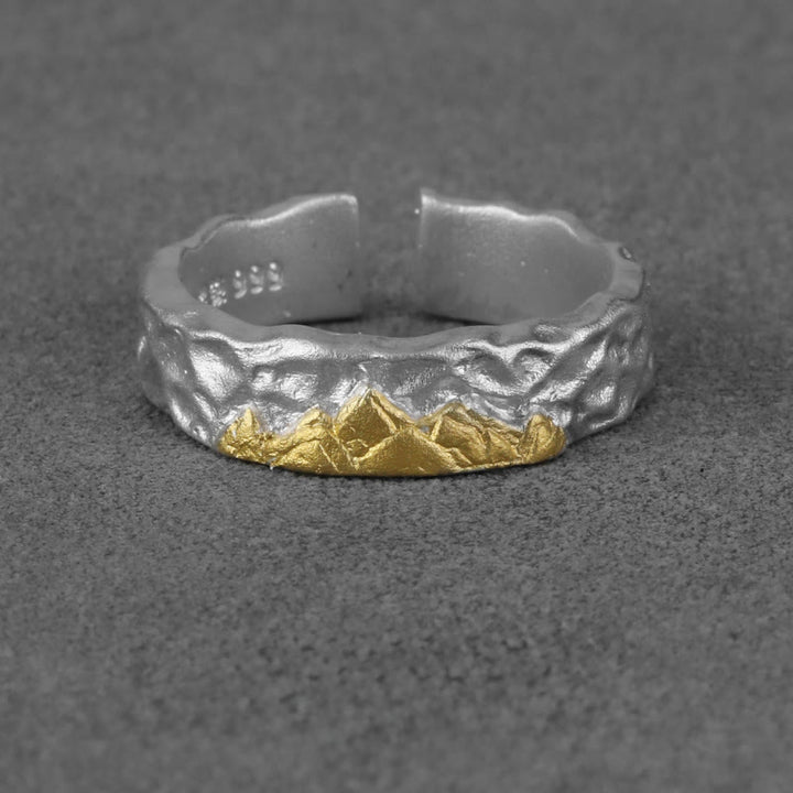 WorldNorse 999 Sterling Silber Robuster Ring mit Goldverzierungen und Bergmotiv - Silberweiß - image 1