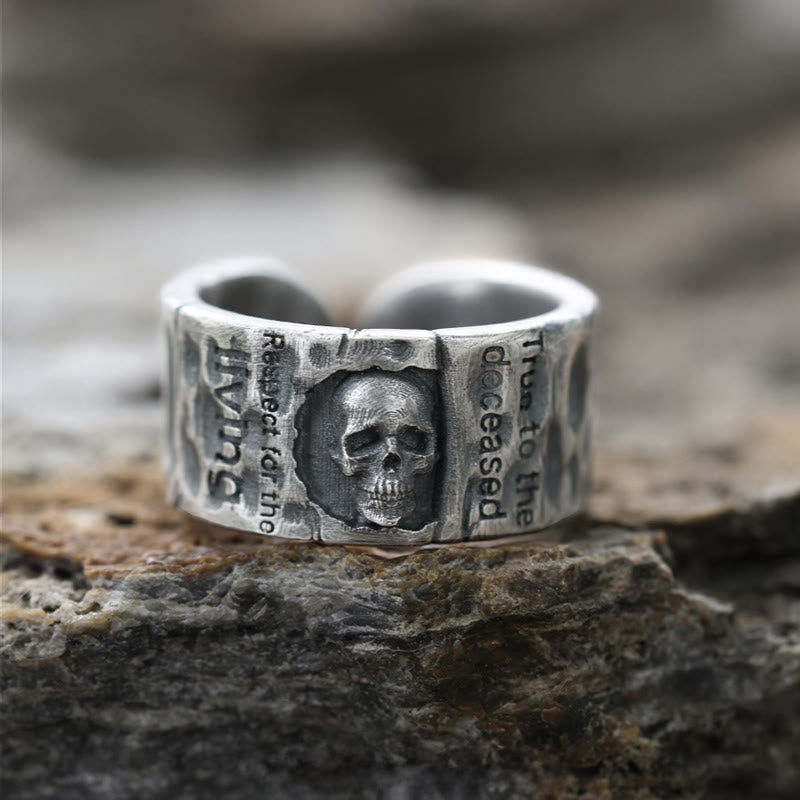 WorldNorse Handgefertigtes 999 Silber Totenkopf-Ring mit Gravur, handgefertigt - Einstellbar - NEIN DANKE - image 0