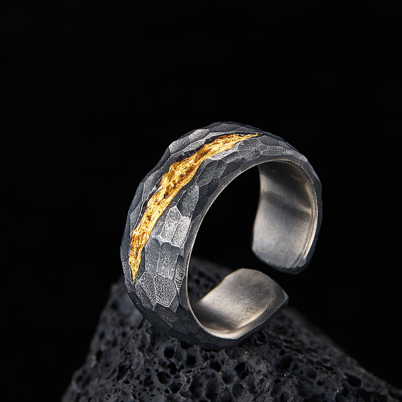 WorldNorse Handgefertigtes 999 Silber Lava-Einlegearbeit Gold Adern Ring - Retro Schwarz (Innenumfang 65-67.5 mm) - image 0