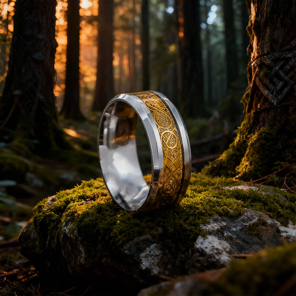 WorldNorse Keltischer Ring aus Wolframcarbid mit Drachenmotiv - Silber & Gold - 67mm - image 0