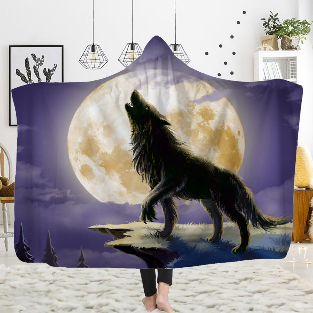 WorldNorse Golden Moon Cliff Wolf Kapuzendecke - Goldener Wolf - 150 x 200 cm - image 1