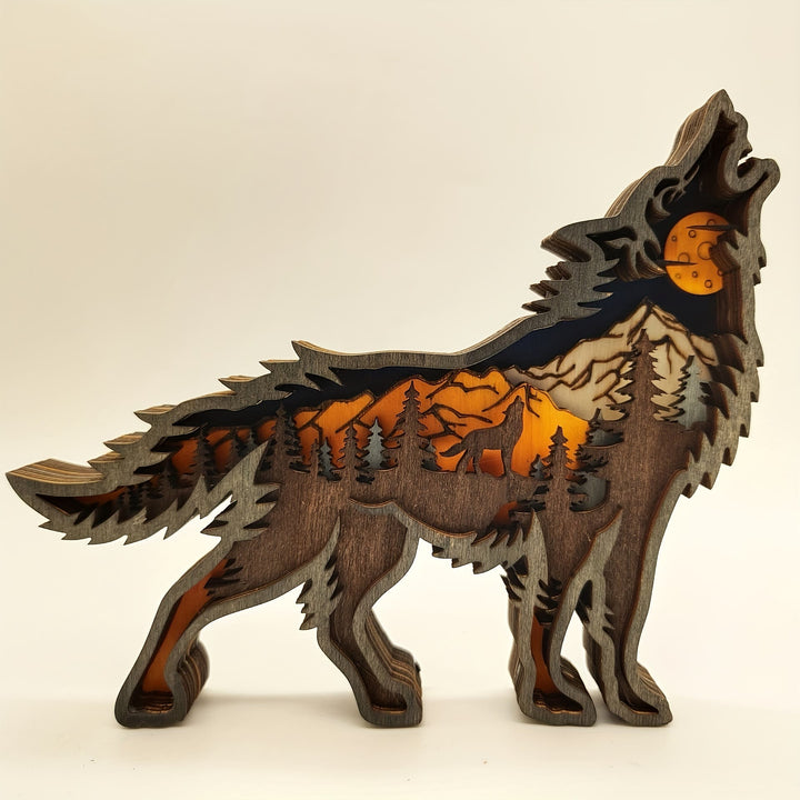 WorldNorse Weihnachts- Wolf aus Holz, mondbeschienene Bergdekoration - Kleiner Wolf - Mit Licht - image 0