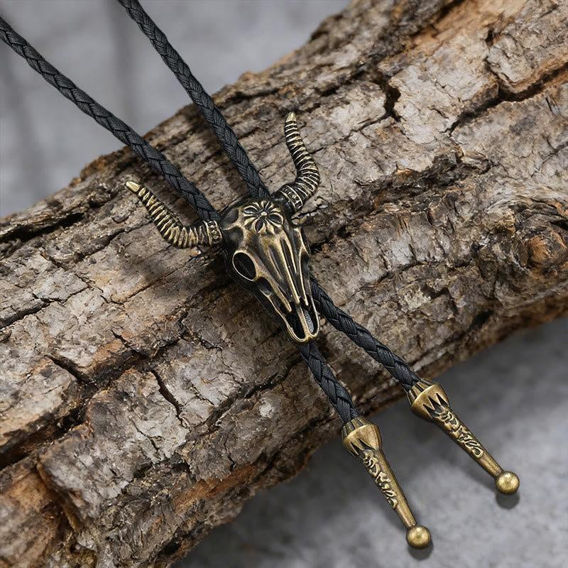 WorldNorse Halskette aus geflochtenem Leder mit Stierschädelmotiv - Bronze - image 0