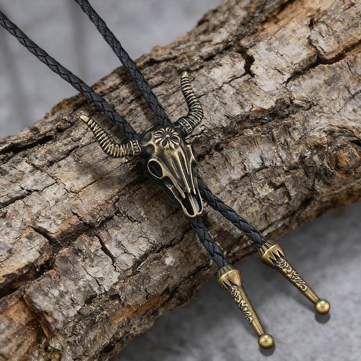 WorldNorse Halskette aus geflochtenem Leder mit Stierschädelmotiv - Bronze - image 0