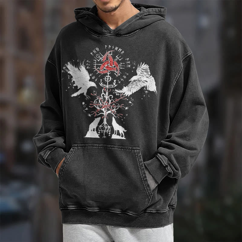 WorldNorse Vegvisir Raven Wolf Yggdrasil Gewaschener Hoodie - image 7