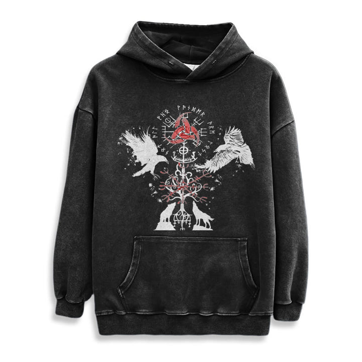 WorldNorse Vegvisir Raven Wolf Yggdrasil Gewaschener Hoodie - image 2