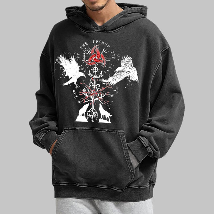 WorldNorse Vegvisir Raven Wolf Yggdrasil Gewaschener Hoodie - image 4