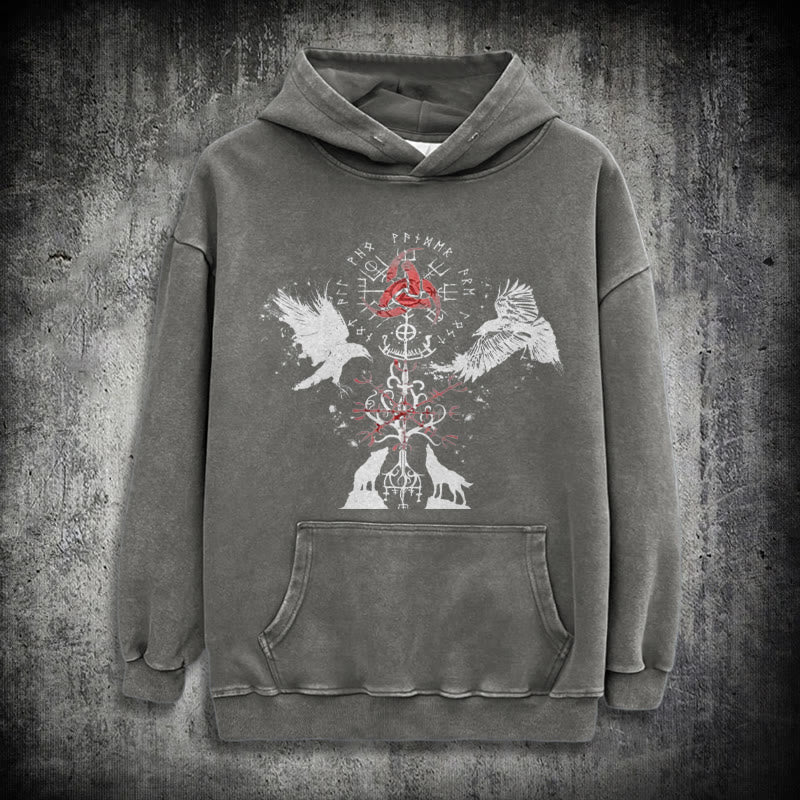 WorldNorse Vegvisir Raven Wolf Yggdrasil Gewaschener Hoodie - Grau - 3XL - image 12