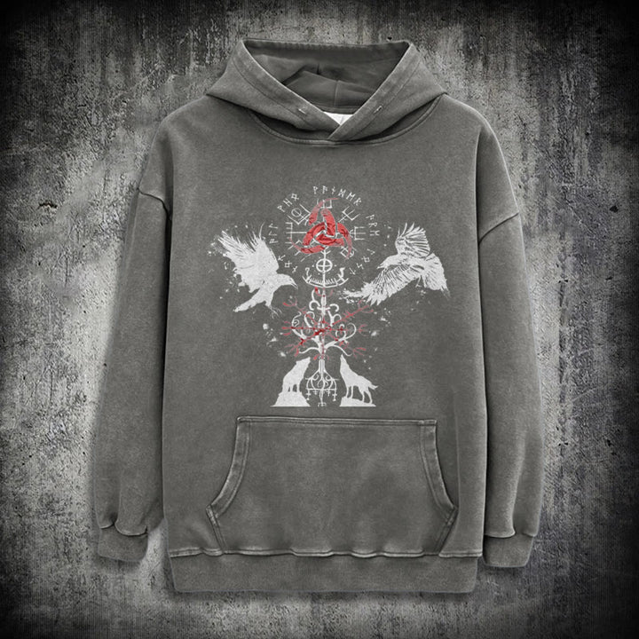 WorldNorse Vegvisir Raven Wolf Yggdrasil Gewaschener Hoodie - Grau - 3XL - image 12