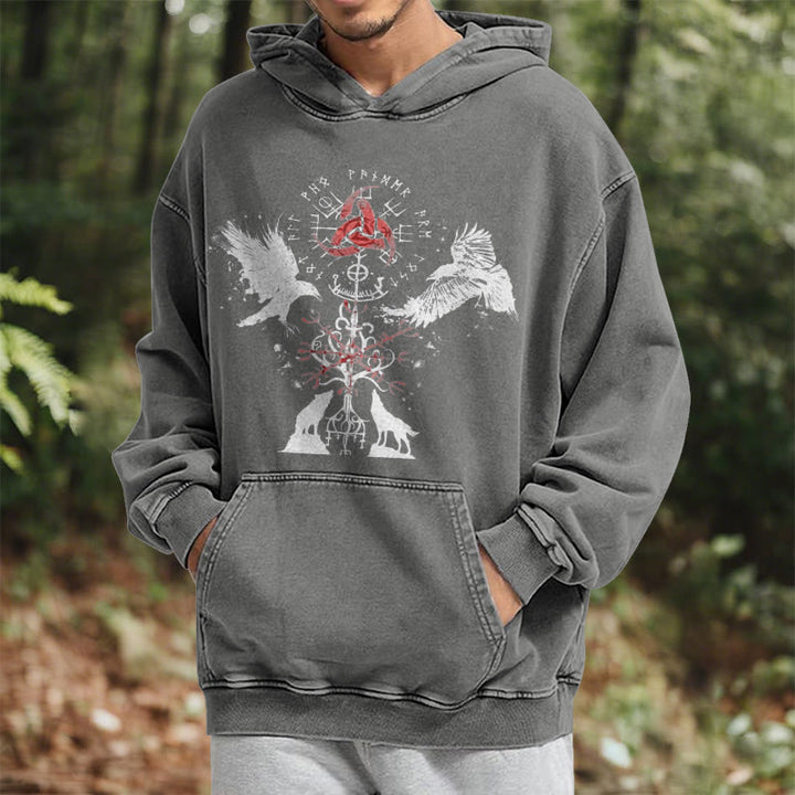 WorldNorse Vegvisir Raven Wolf Yggdrasil Gewaschener Hoodie - image 14