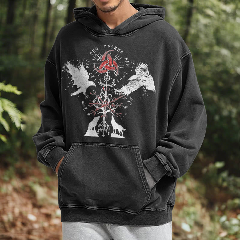 WorldNorse Vegvisir Raven Wolf Yggdrasil Gewaschener Hoodie - image 6